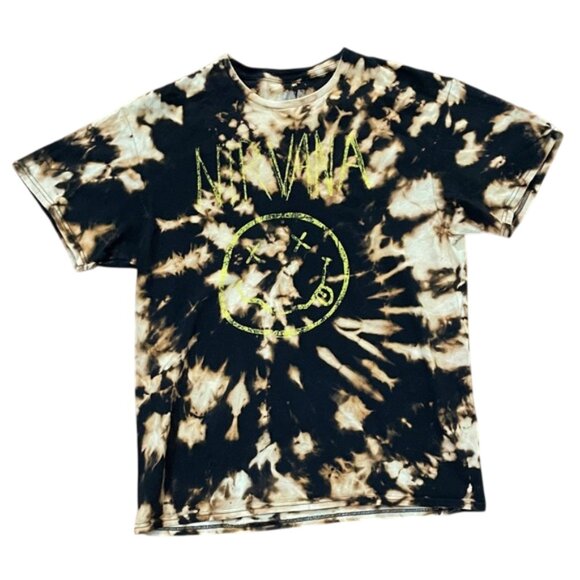 NIRVANA Brown and Tan Tie-Dye Short Sleeve Chalk Smile T-Shirt Adult Size Large - Picture 1 of 8